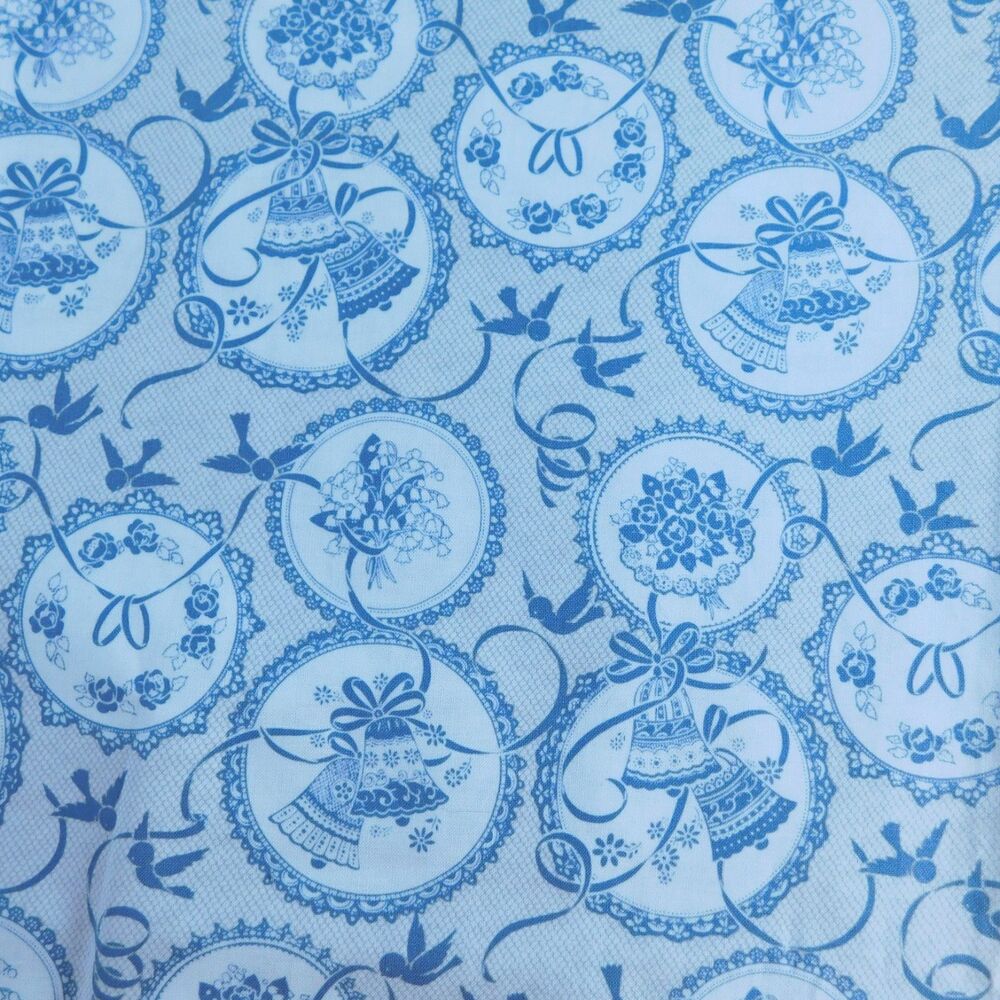 Wedding Free Spirit Fabric Blue-Gray Cotton Floral Rings Lilies Bells, 2+ Yd NEW
